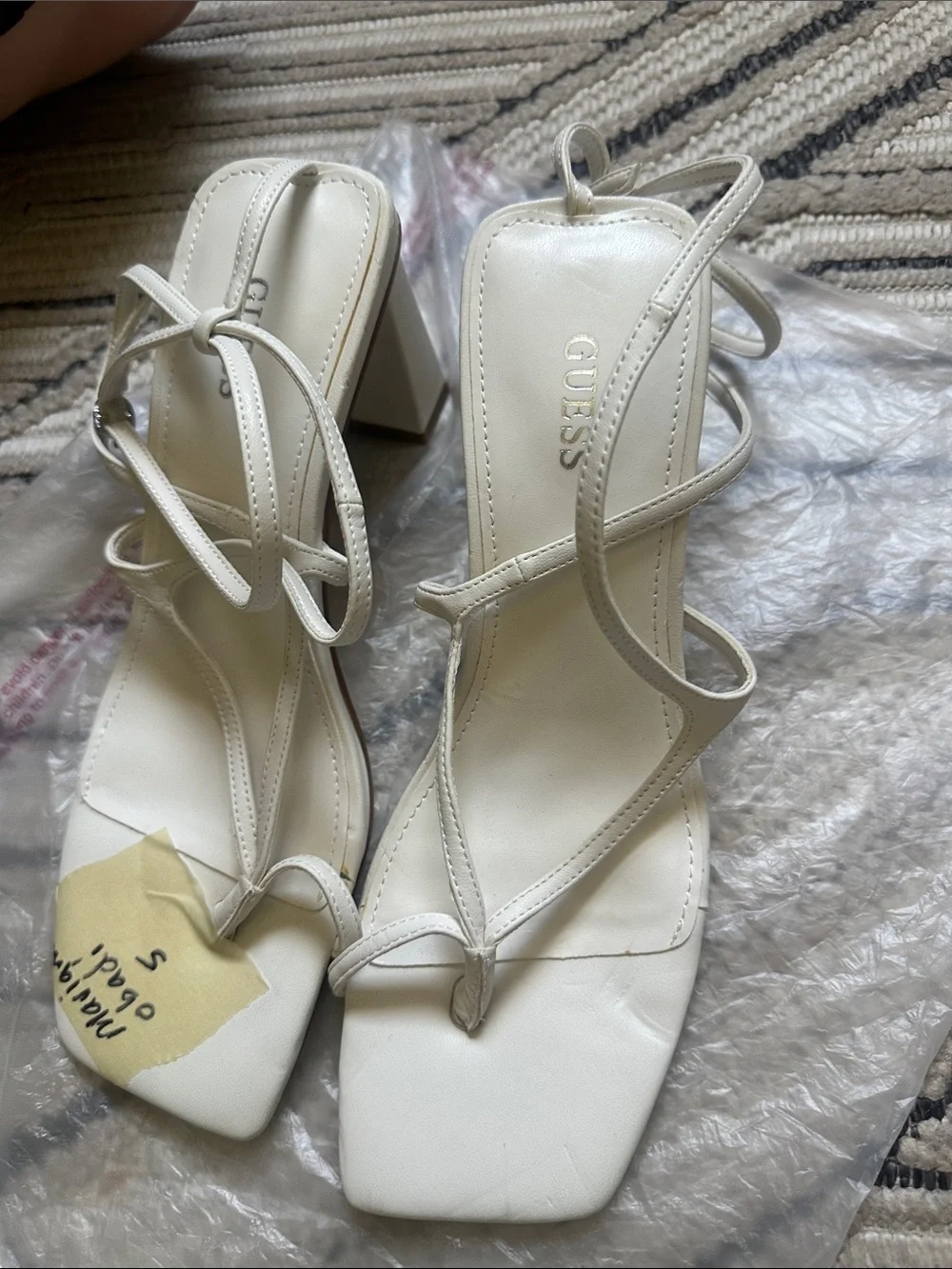GUESS Cream Strappy Square-Toe Block Heel Sandals